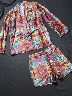 UpTown Women's Burgundy Floral Satin Short Set with Drawstring Waist